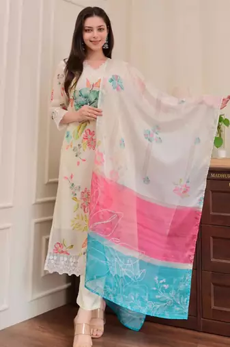 floral print embroidered kurta set with printed dupatta