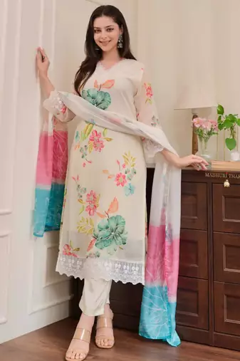 floral print embroidered kurta set with printed dupatta