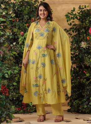  yellow floral embroidered viscose chanderi anarkali suit set 2