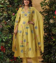Elegant yellow floral embroidered viscose chanderi anarkali suit set for women