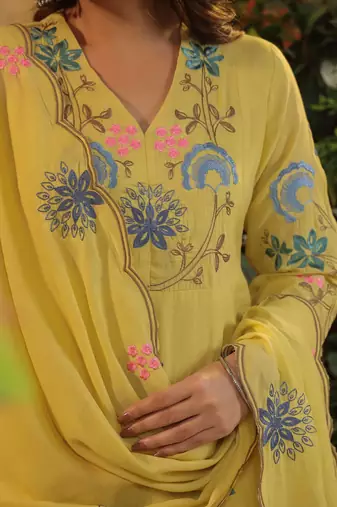  yellow floral embroidered viscose chanderi anarkali suit set