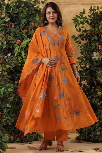 Designer orange floral embroidered viscose chanderi anarkali suit set for women