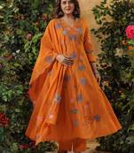 Designer orange floral embroidered viscose chanderi anarkali suit set for women