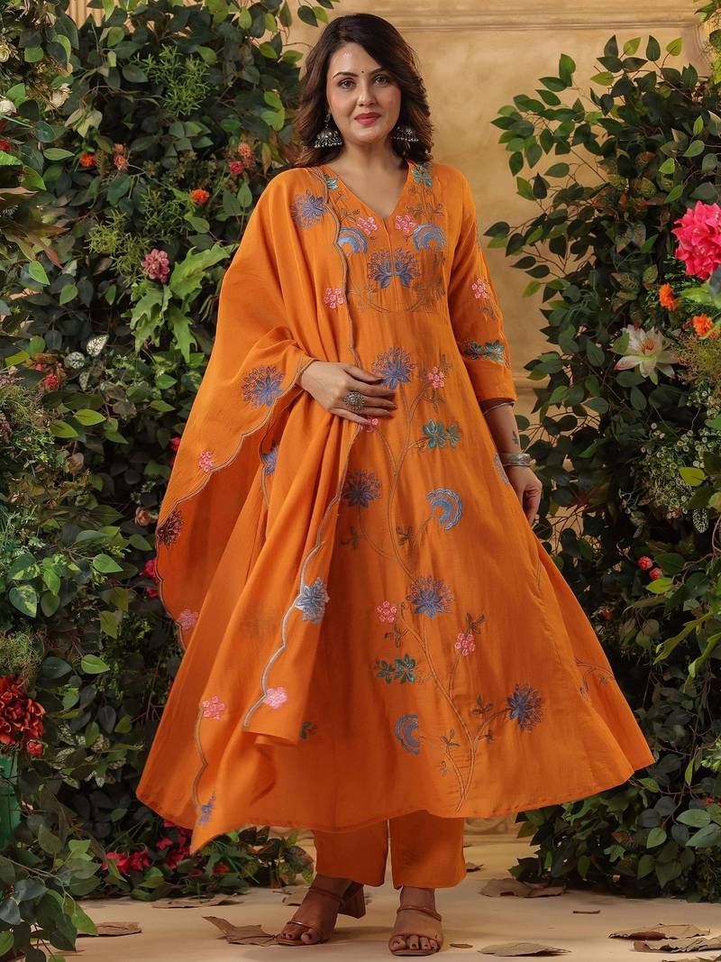 Designer orange floral embroidered viscose chanderi anarkali suit set for women