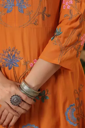 orange floral embroidered viscose chanderi anarkali suit set