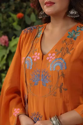 orange floral embroidered viscose chanderi anarkali suit set