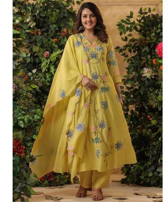  yellow floral embroidered viscose chanderi anarkali suit set 1