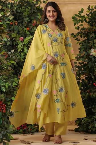  yellow floral embroidered viscose chanderi anarkali suit set