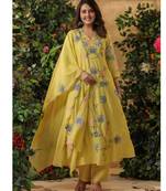 Elegant yellow floral embroidered viscose chanderi anarkali suit set for women