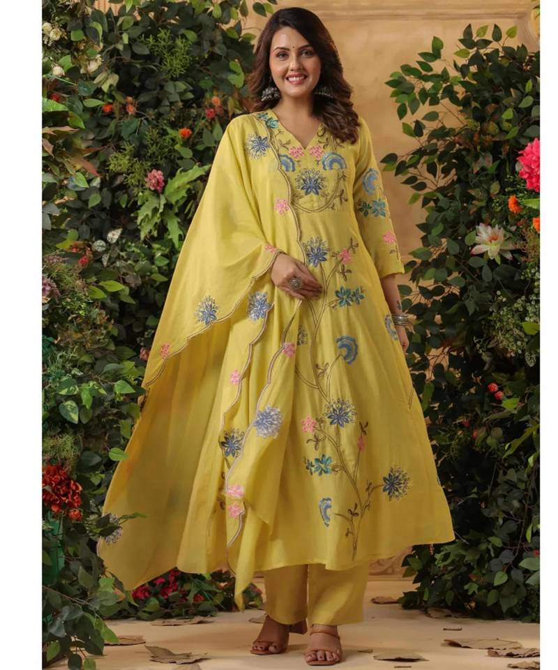 Elegant yellow floral embroidered viscose chanderi anarkali suit set for women