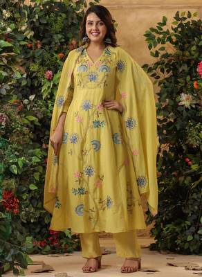  yellow floral embroidered viscose chanderi anarkali suit set 4