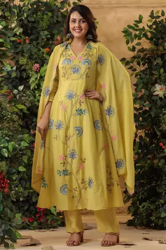  yellow floral embroidered viscose chanderi anarkali suit set