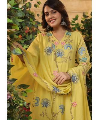  yellow floral embroidered viscose chanderi anarkali suit set 5