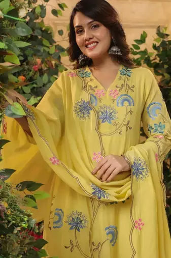  yellow floral embroidered viscose chanderi anarkali suit set