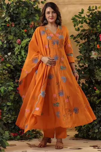 orange floral embroidered viscose chanderi anarkali suit set