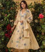 Elegant cream floral embroidered viscose chanderi anarkali suit set for women