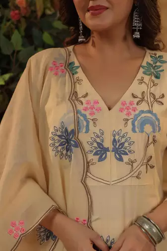  cream floral embroidered viscose chanderi anarkali suit set