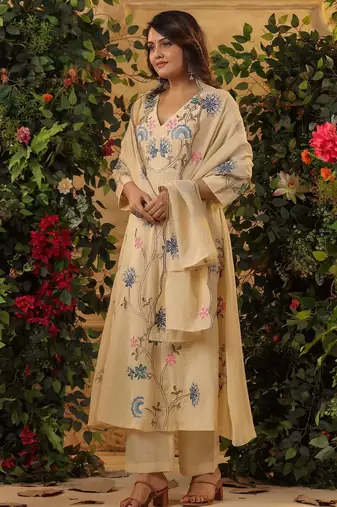  cream floral embroidered viscose chanderi anarkali suit set