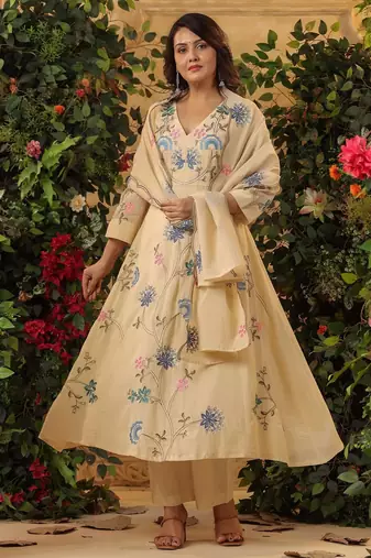  cream floral embroidered viscose chanderi anarkali suit set