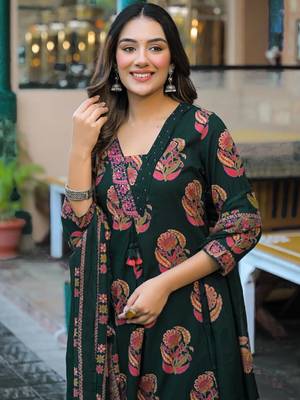 Women's pure cotton dark green embellished hand block printed ready to wear a-line full suit  2