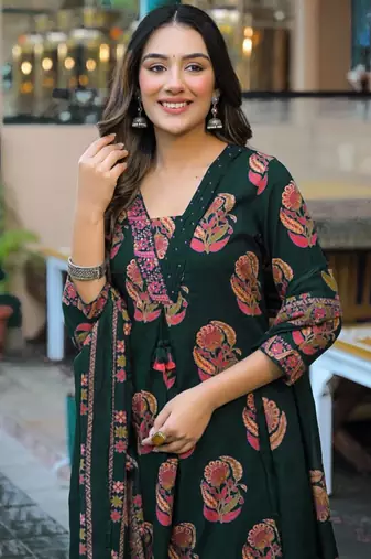 Women's pure cotton dark green embellished hand block printed ready to wear a-line full suit 
