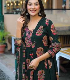 Women's pure cotton dark green embellished hand block printed ready to wear a-line full suit 