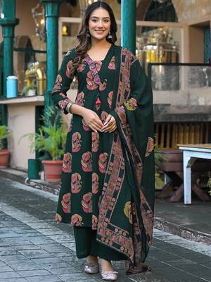Women's pure cotton dark green embellished hand block printed ready to wear a-line full suit  3