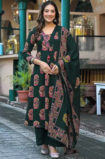 Women's pure cotton dark green embellished hand block printed ready to wear a-line full suit 
