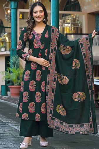 Women's pure cotton dark green embellished hand block printed ready to wear a-line full suit 