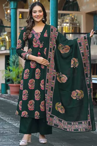 Women's pure cotton dark green embellished hand block printed ready to wear a-line full suit 
