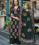 Women's pure cotton dark green embellished hand block printed ready to wear a-line full suit 