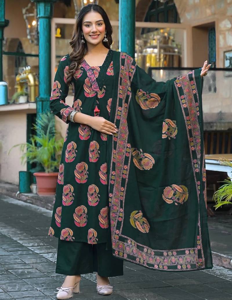 Women's pure cotton dark green embellished hand block printed ready to wear a-line full suit 