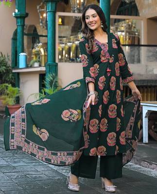 Women's pure cotton dark green embellished hand block printed ready to wear a-line full suit  5