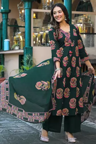 Women's pure cotton dark green embellished hand block printed ready to wear a-line full suit 