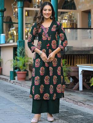 Women's pure cotton dark green embellished hand block printed ready to wear a-line full suit  6