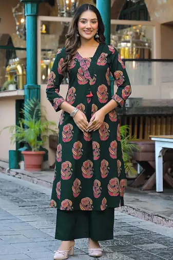 Women's pure cotton dark green embellished hand block printed ready to wear a-line full suit 