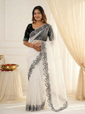  crunchy silk blend saree with embroidery work & satin banglori blouse 1