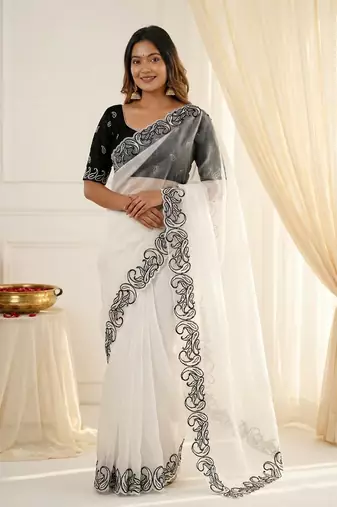 Designer crunchy silk blend saree with embroidery work & satin banglori blouse