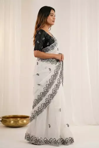  crunchy silk blend saree with embroidery work & satin banglori blouse