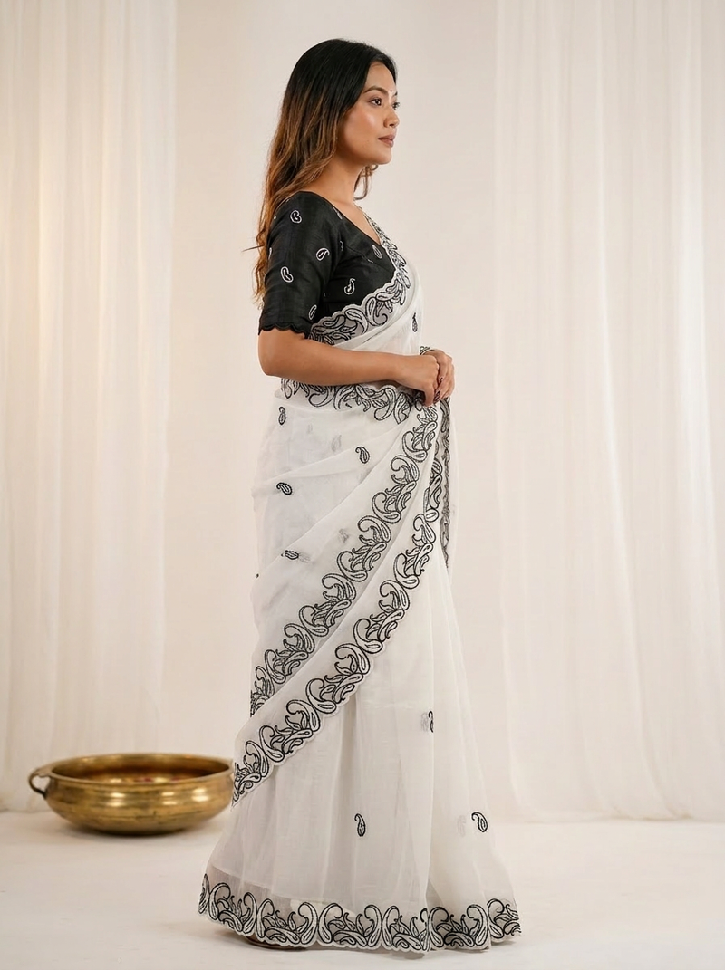 Designer crunchy silk blend saree with embroidery work & satin banglori blouse