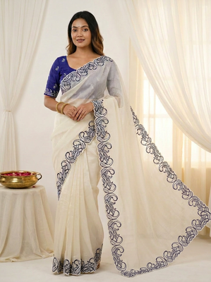  crunchy silk blend saree with embroidery work & satin banglori blouse 1
