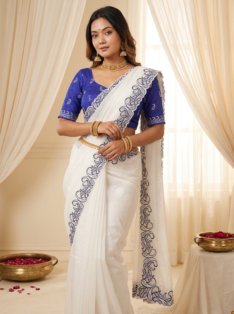 Designer crunchy silk blend saree with embroidery work & satin banglori blouse