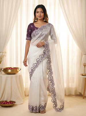  crunchy silk blend saree with embroidery work & satin banglori blouse 1
