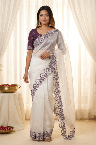  crunchy silk blend saree with embroidery work & satin banglori blouse