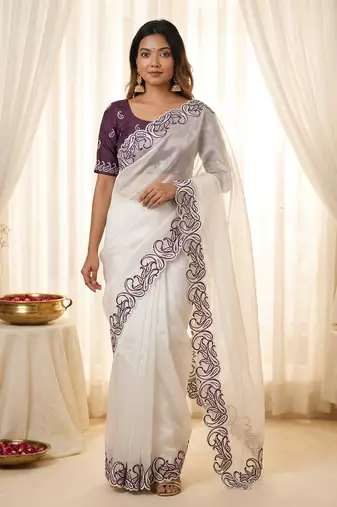 Designer crunchy silk blend saree with embroidery work & satin banglori blouse