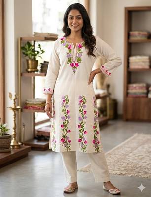 Women White Floral Embroidered Cotton Flex Kurta Pant Set | Stylish Ethnic Wear for Women 1