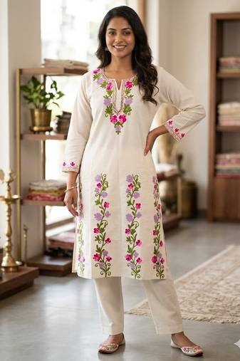 Women White Floral Embroidered Cotton Flex Kurta Pant Set | Stylish Ethnic Wear for Women