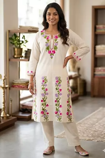 Women White Floral Embroidered Cotton Flex Kurta Pant Set | Stylish Ethnic Wear for Women