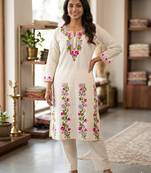 Women White Floral Embroidered Cotton Flex Kurta Pant Set | Stylish Ethnic Wear for Women