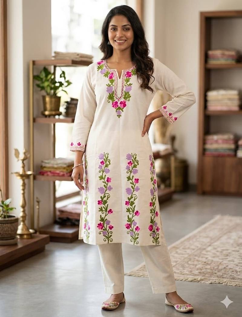 Women White Floral Embroidered Cotton Flex Kurta Pant Set | Stylish Ethnic Wear for Women